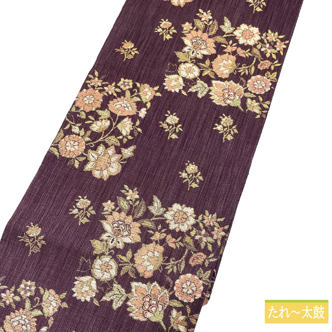 名古屋帯 二人静色（ふたりしずかいろ） 唐織 更紗模様 帯丈365cm 正絹 Sランク 六通 カジュアル 紫系 1124006882320 名古屋仕立て