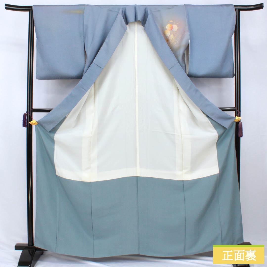 Homongi Silk B-Rank Awase (lined kimono) Length 164.5cm, Sleeve-to-sleeve 64cm Forget-me-not color. Tsukesage by Kosei Wada, Gold-embossed Yuzen, Flowing Water and Plants, Blue system. 1112007784417