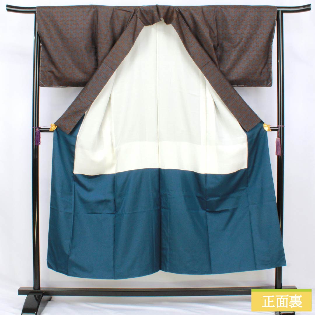 紬 正絹 Sランク 身丈148cm 裄丈63.5cm 憲法茶色（けんぽうちゃいろ） 市松 しつけ糸付き 袷 茶系 1116004802114