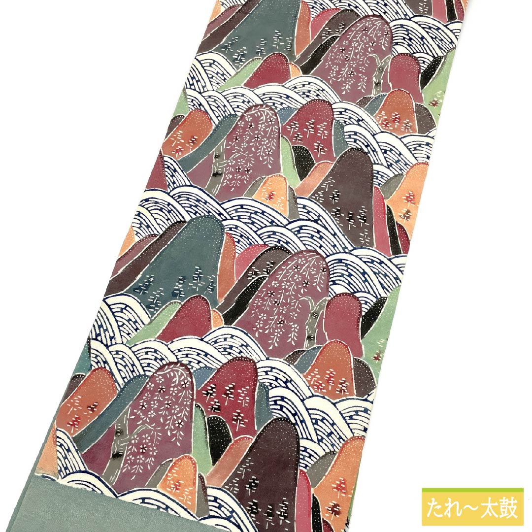 名古屋帯 正絹 Aランク 豆青色（とうせいいろ） 型染 紅型調 遠山 帯丈350cm 六通 カジュアル 緑系 1124010473319 名古屋仕立て