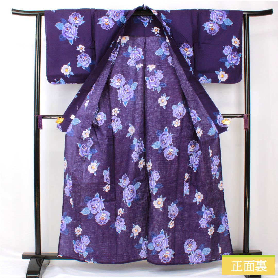 浴衣 木綿 身丈160.5cm 裄丈62cm Sランク 単衣 紫系 紫紺色（しこんいろ） 薔薇 1118005342420