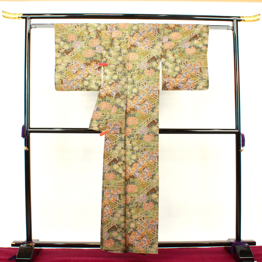 小紋 身丈158.5cm 裄丈64cm 袷  苦色 草花模様  正絹 Aランク 茶系 1115002723314
