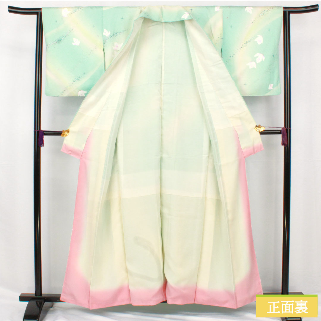 小紋 正絹 身丈157cm 裄丈63cm 袷 抽象花 銀彩加工 Sランク 水色系 1115004902324