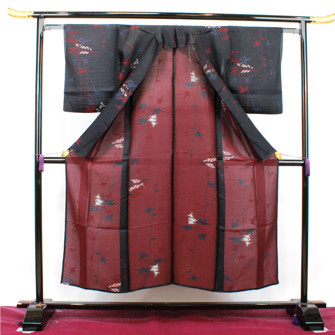 Summer pure silk komon length 149.5cm sleeve length 61cm abstract pattern gauze rank S black 1132001222110