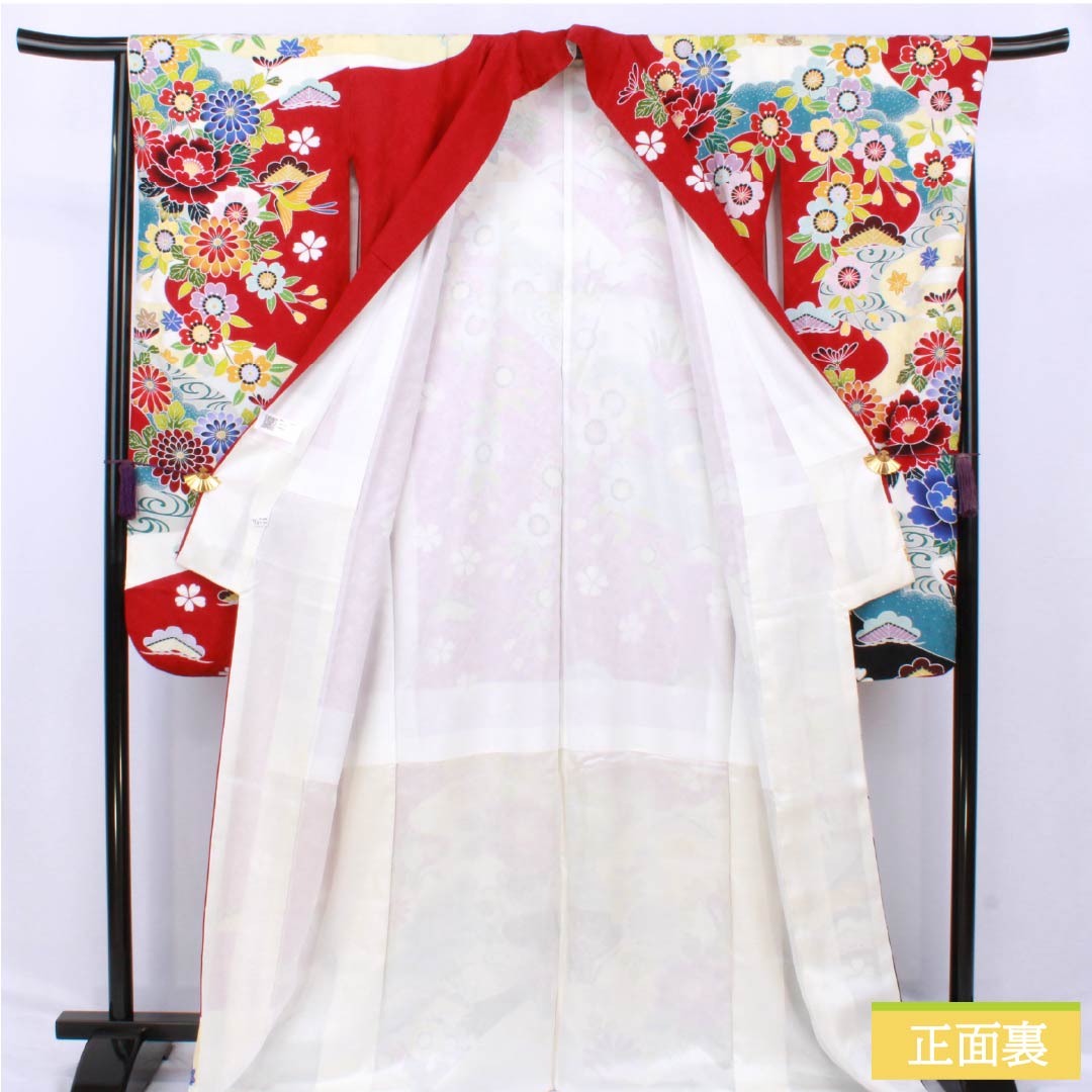 振袖 正絹 Sランク 身丈166.5cm 裄丈65.5cm 袷 真紅色（しんくいろ） 吉祥文様 牡丹 菊 梅 桜 赤系 1113002212512