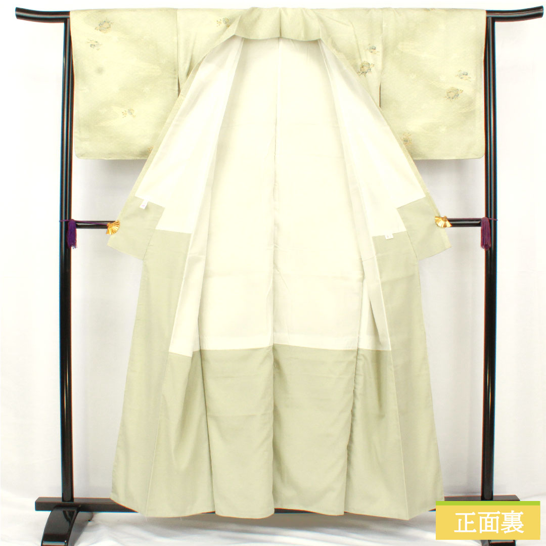 小紋 ポリエステル 身丈157.5cm 裄丈64.5cm 袷 薄緑色（うすみどりいろ） 洗える着物 吉祥文様 しつけ糸付き 未使用品 Sランク 緑系 1115004562319