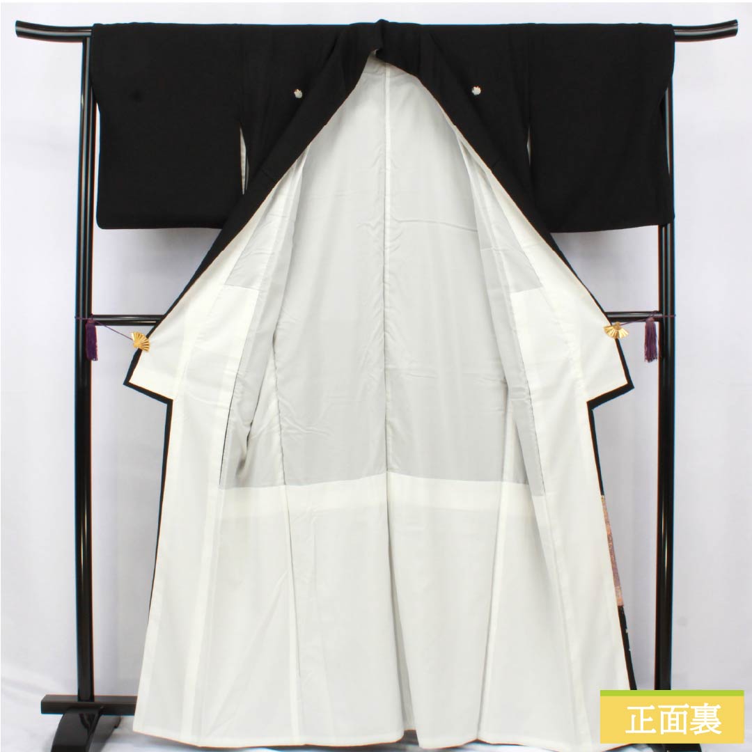 黒留袖 ポリエステル Bランク 身丈162cm 裄丈65.5cm 袷 京友禅 五つ紋 揚羽蝶 地紙 扇面 草花 洗える着物 五つ紋 黒系 1111001884410