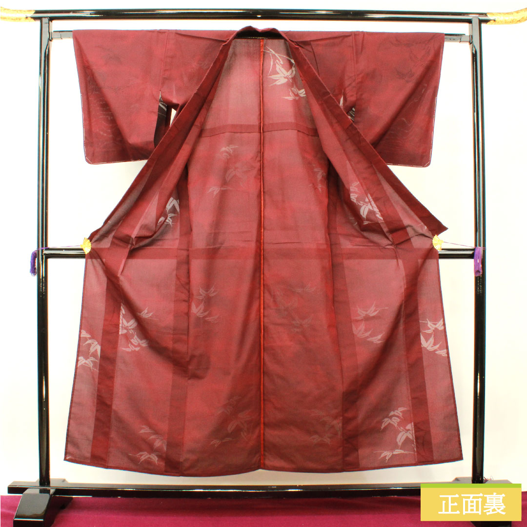 夏物 正絹 小紋 身丈156cm 裄丈62.5cm 暗紅色（あんこうしょく） 紋紗 笹 紗 Sランク 赤系 1132001902312
