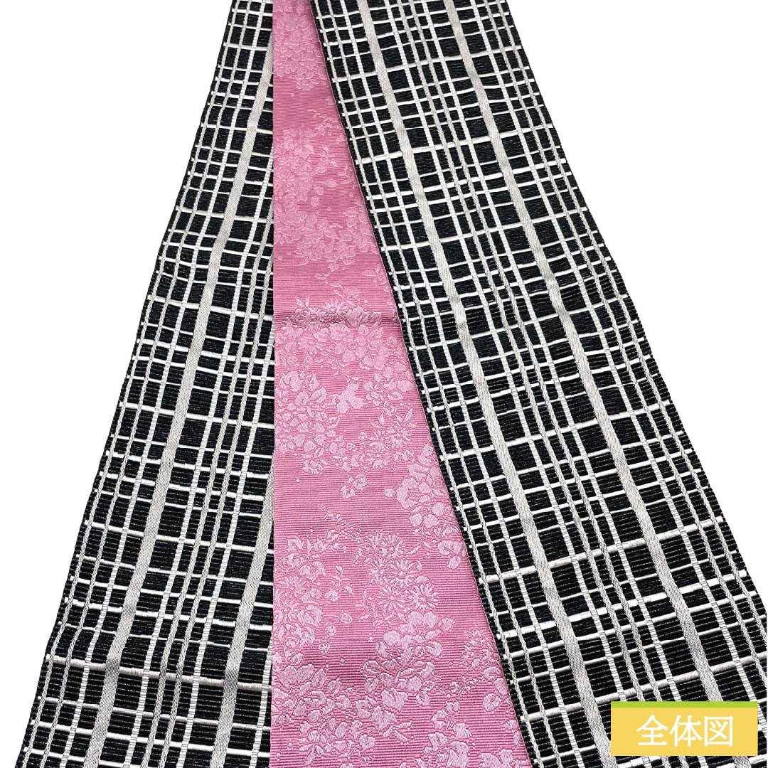 半幅帯 ポリエステル Aランク 黒色（くろいろ） 槿花色（むくげいろ） 格子 花 リバーシブル 広幅 帯丈382cm 黒系 1125005463310