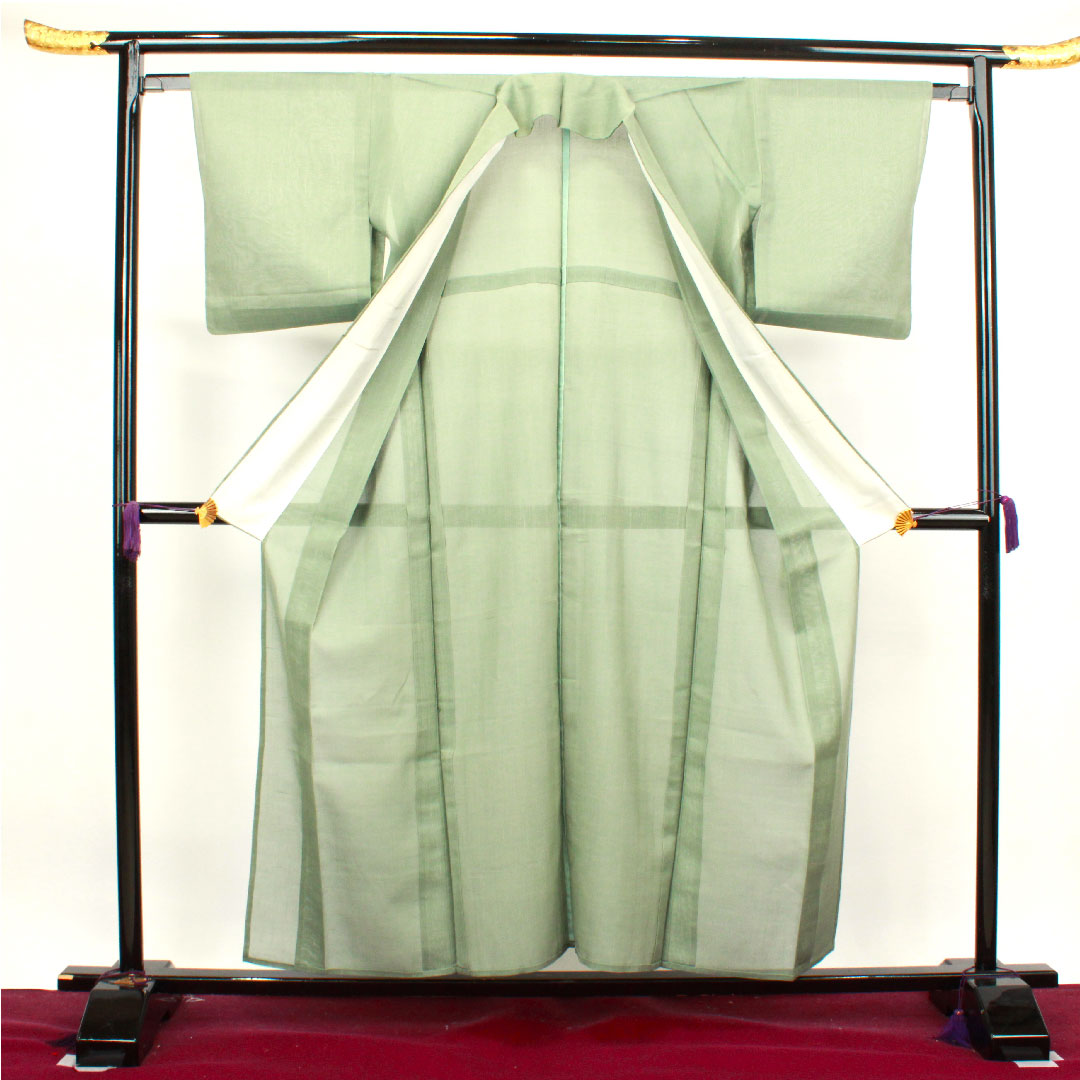 夏物 正絹 色無地 身丈156cm 裄丈63cm 灰緑色（はいみどりいろ） 紬地 紗 Sランク 緑系 1132000562319