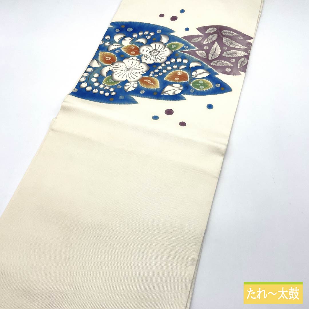 作家物 型染め 唐草 生成色 太鼓 麻 春夏秋 3シーズン 開仕立て名古屋帯 リサイクル着物】名古屋帯 生成り色（きなりいろ） 染め帯 作家