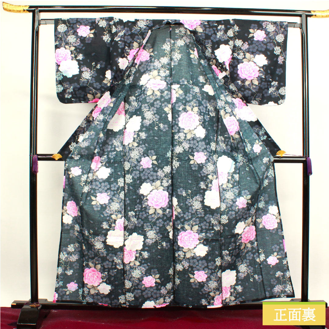 Yukata Cotton Length 159cm Sleeve length 64.5cm B rank Single layer Black Rose Gypsophila Cherry blossom 1118004554310