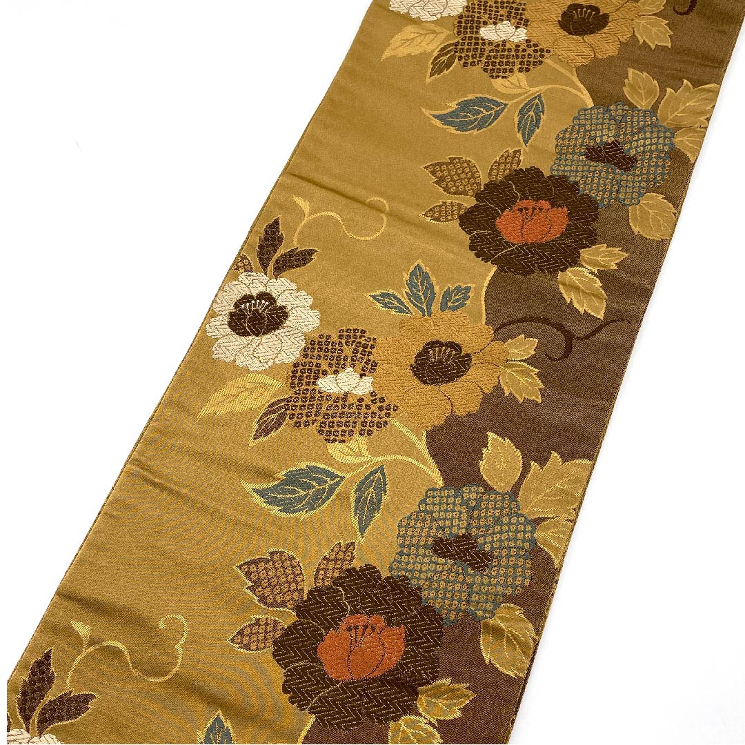 名古屋帯 京袋帯 煙草色 草花模様 帯丈362cm ポリ Sランク 六通 セミフォーマル 茶系 1124003292314  開き仕立て