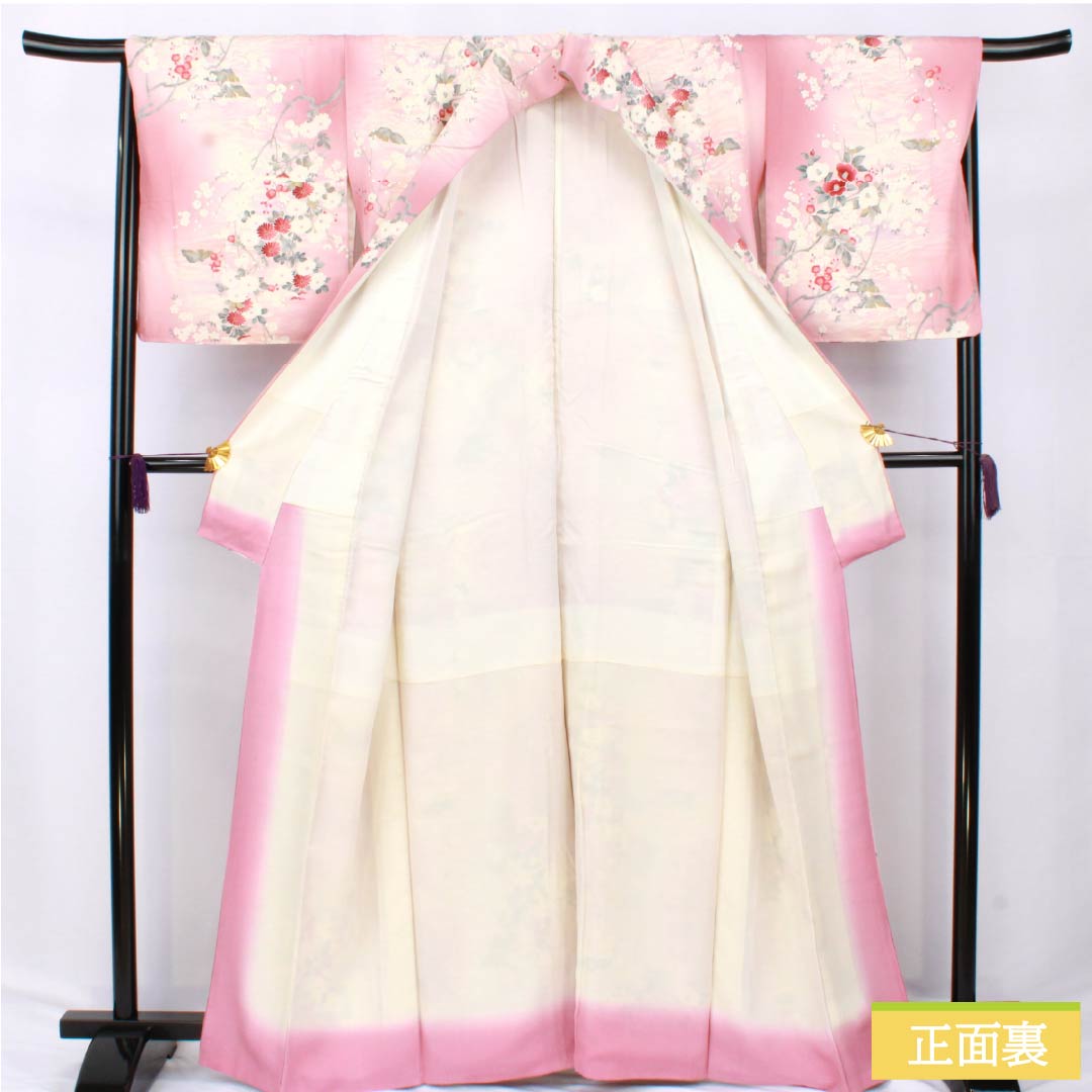 小紋 正絹 Sランク 身丈163cm 裄丈68cm 袷 一斤染色（いっこんぞめいろ） 京友禅 草花 しつけ糸付き ピンク系 1115007132413