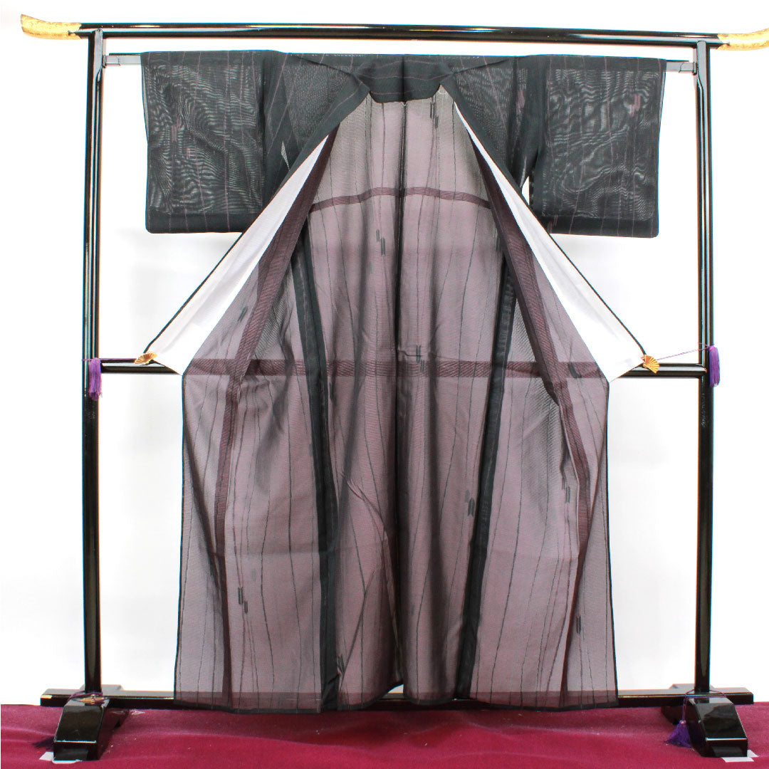 夏物 正絹 小紋 身丈159cm 裄丈63cm  矢羽根 絽 Aランク 黒系 1132000503310