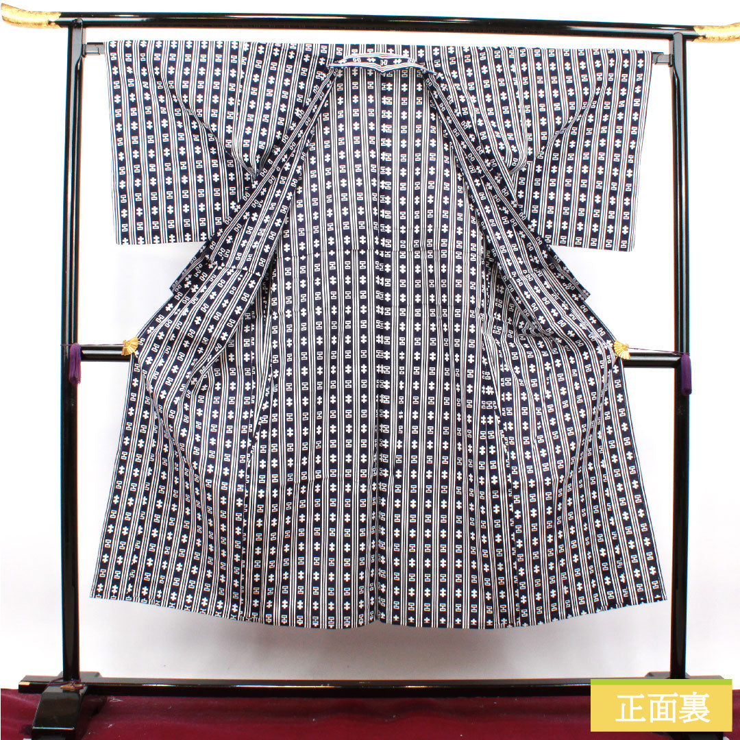 浴衣 木綿 身丈144.5cm 裄丈67cm Sランク 単衣 紺系 濃紺色（のうこんいろ） 男物 幾何学模様 1118004932418