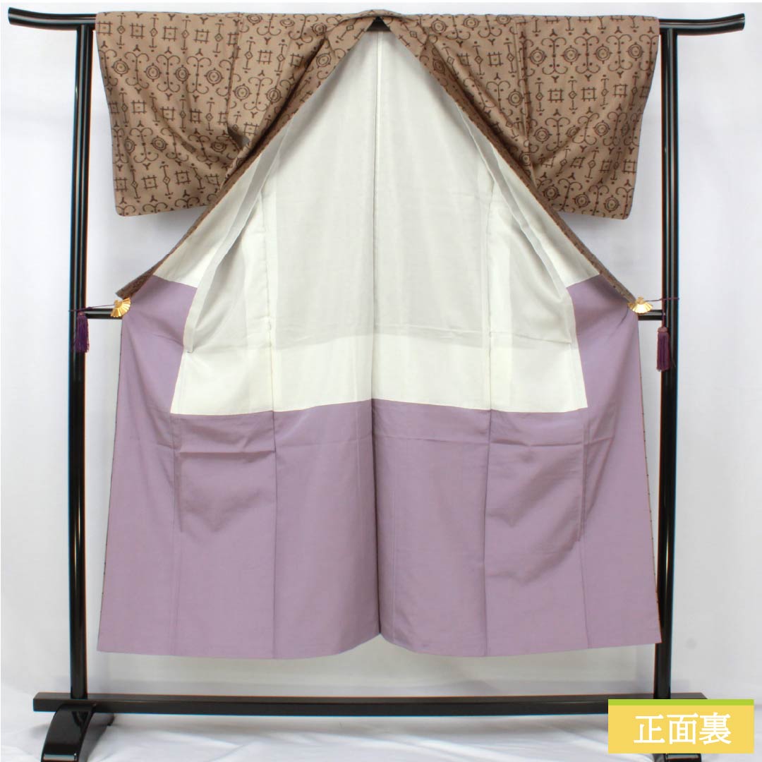 紬 正絹 Sランク 身丈148.5cm 裄丈62.5cm 遠州鼠色（えんしゅうねずいろ） 抽象模様 袷 ベージュ系 1116004382125