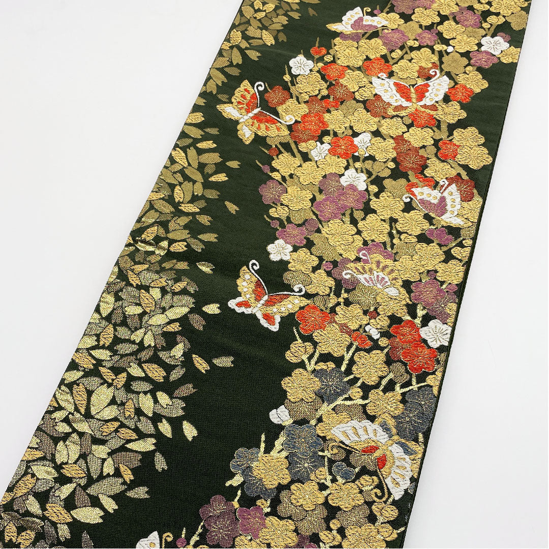袋帯 革色（かわいろ） 振袖用 蝶 桜 帯丈438cm 正絹 Aランク 六通 フォーマル 緑系 1123005003319