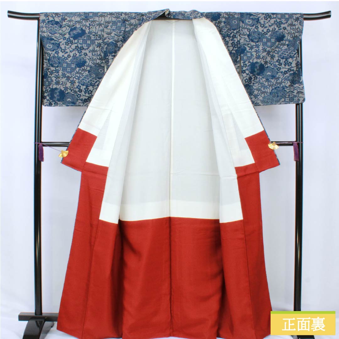 小紋 正絹 Sランク 身丈166cm 裄丈67cm 袷 京紅型 藍型 紬地 草花 グレー系 1115007212522