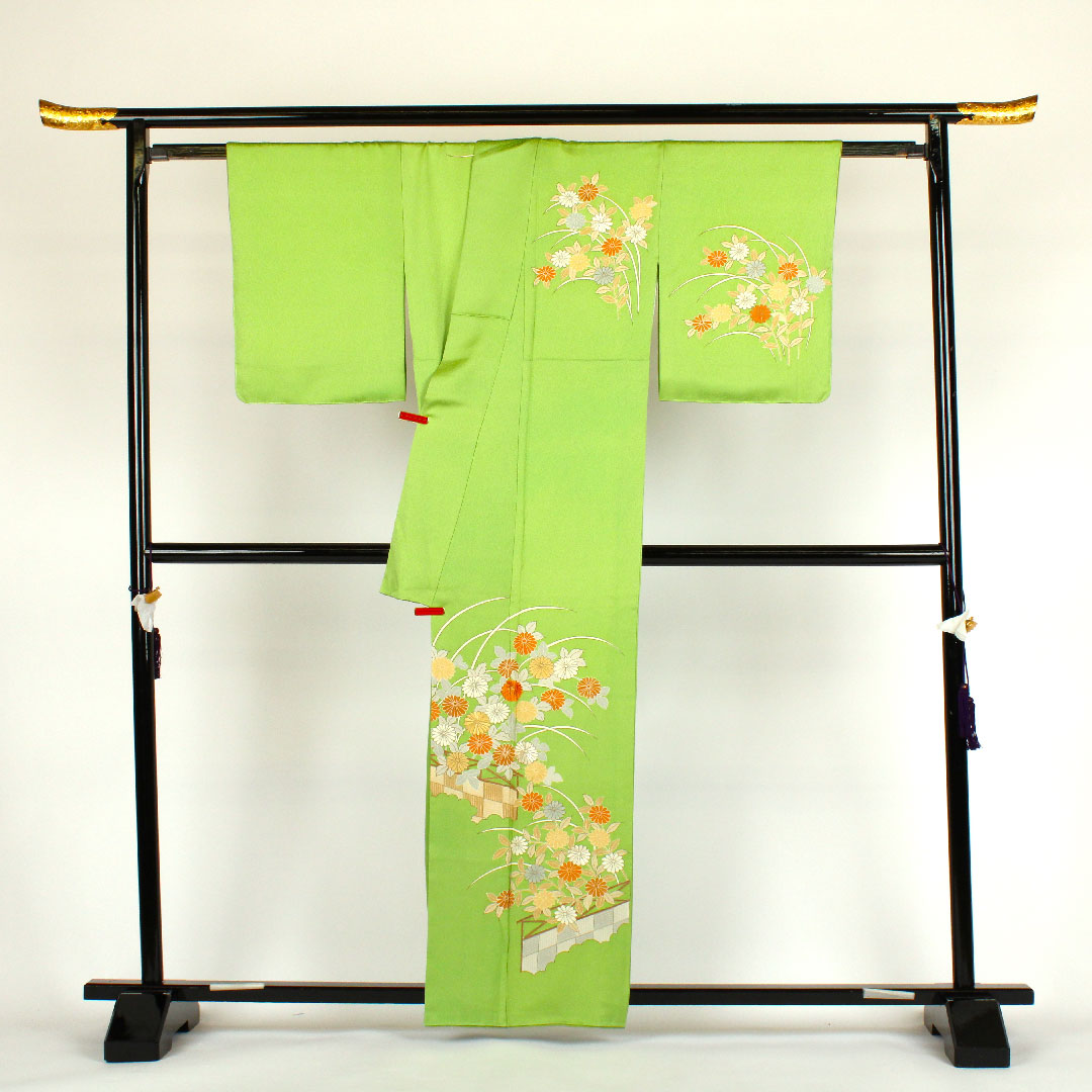 Homongi, lined, length 160cm, sleeve length 64cm, chrysanthemum, pure silk, S rank, green, 1112000332419