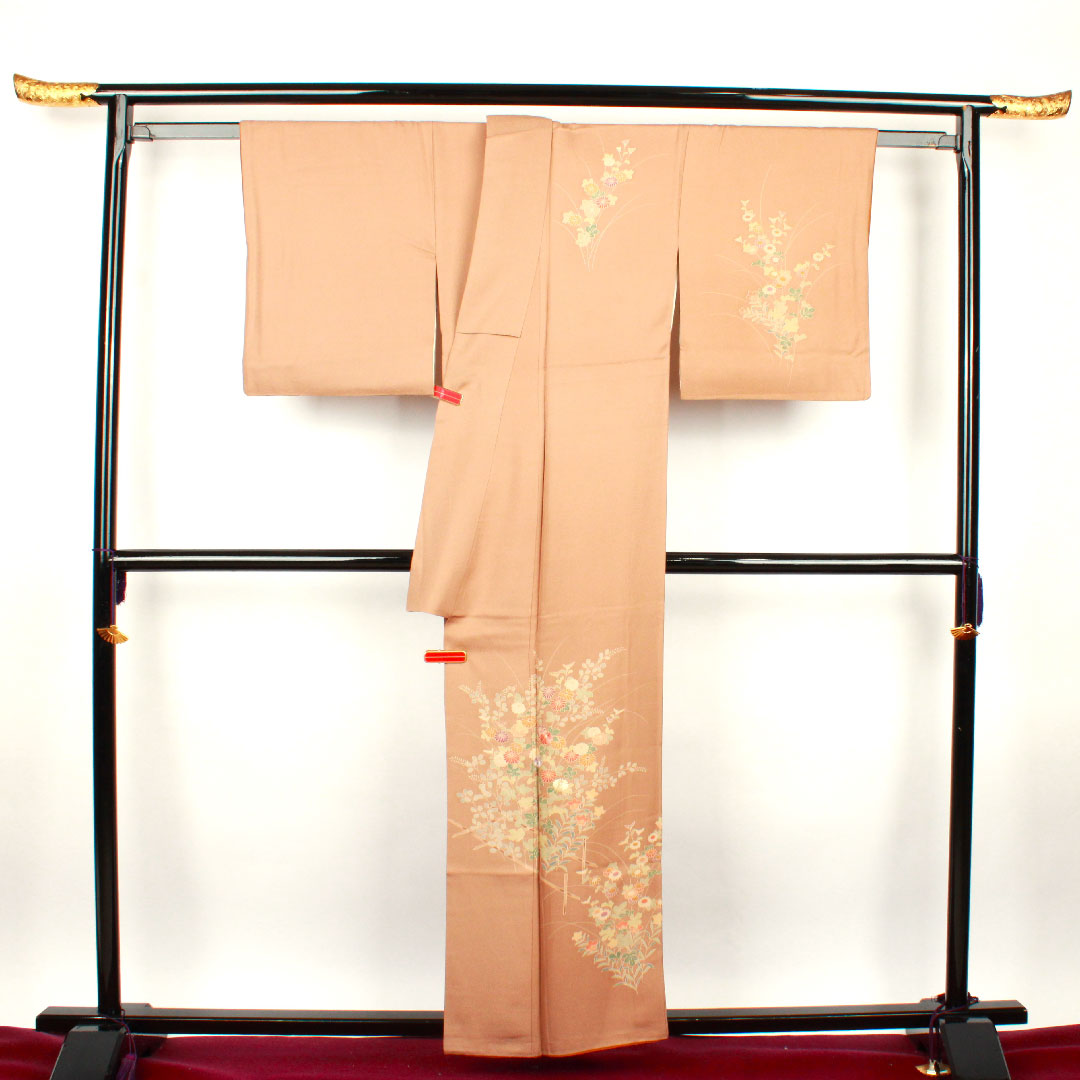 訪問着 袷 身丈159cm 裄丈64cm 柴染色 草花模様 正絹 Sランク 茶系 1112001582314