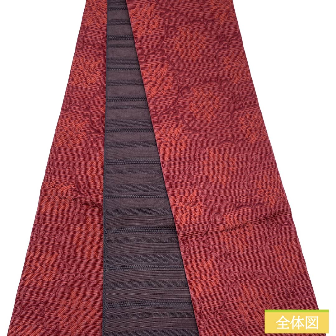 （新品）半幅帯 ポリエステル NEWランク 深蘇芳色（深蘇芳色（ふかきすおういろ） 黒色 唐花模様 横段 リバーシブル 帯丈400cm 赤系 1125002661412