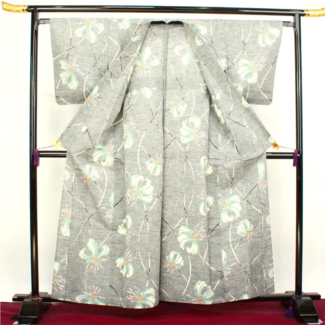 浴衣 竺仙 しつけ糸付き 未使用品 錫色 百合 木綿 Sランク 単衣 身丈160cm 裄丈65.5cm グレー系 1118003362422