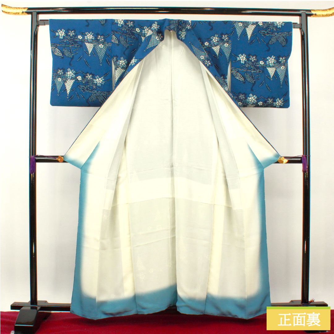 小紋 正絹 身丈158.5cm 裄丈65cm 袷 紺桔梗色（こんききょういろ） 京紅型 白鳥 桜 流水 Sランク 紺系 1115004182318