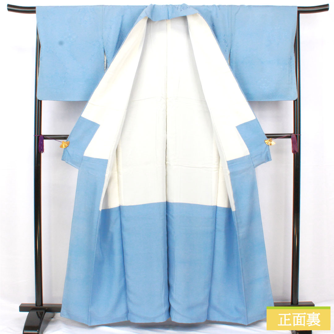 色無地 正絹 身丈162cm 裄丈66.5cm 勿忘草色（わすれなぐさいろ） 一つ紋 梅鉢 袷 Aランク 水色系 1114001943424