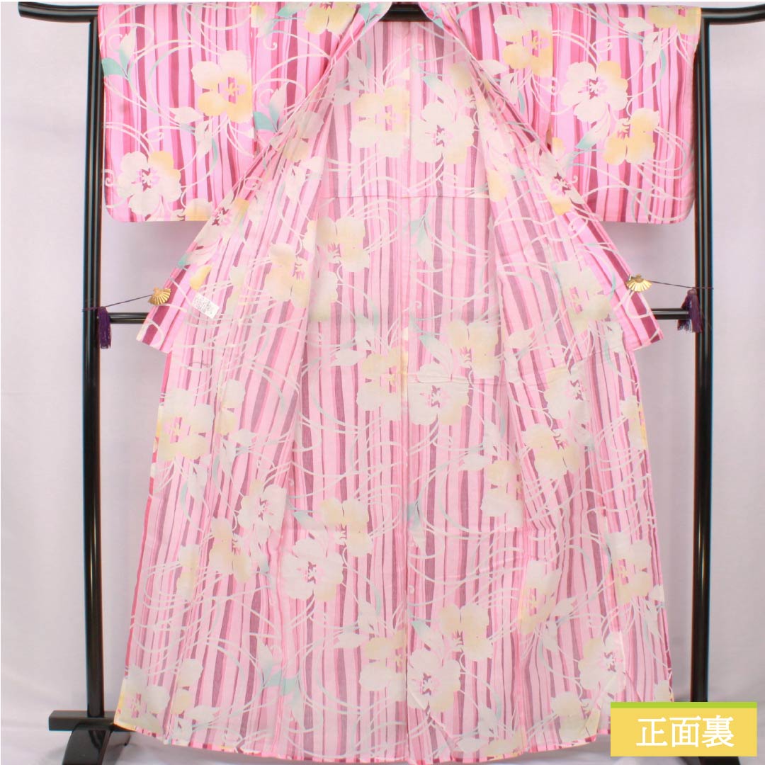 Cotton Yukata, Length 164.5cm, Sleeve Length 62.5cm, S Rank, Single Layer, Pink/Peach (Momoiro) with Hibiscus Stripes, 1118006702413