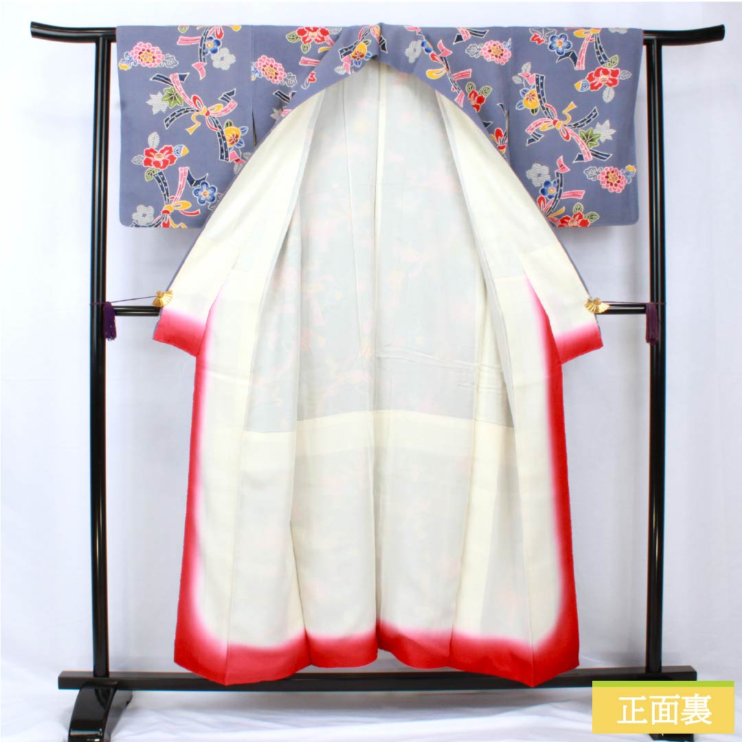 小紋 正絹 身丈152.5cm 裄丈62cm 袷 江戸納戸色（えどなんどいろ） 型染 紅型調 熨斗 椿 Bランク 青系 1115005604217