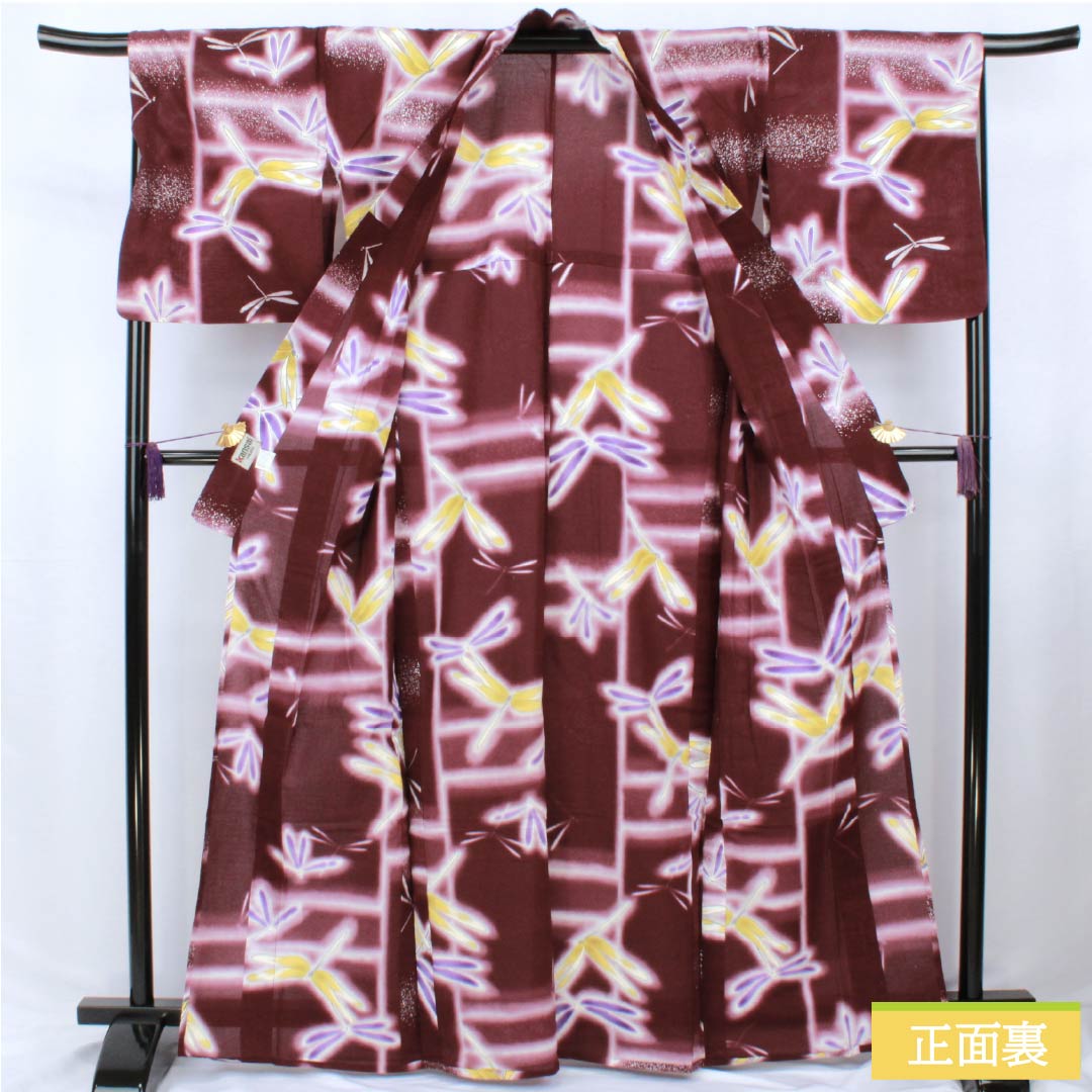 Cotton Yukata, Length 165cm, Sleeve Length 67.5cm, Rank A, Single Layer, Purple with Mulberry Color, Dragonfly Design, Kansai Yamamoto, Product Number 1118006293520