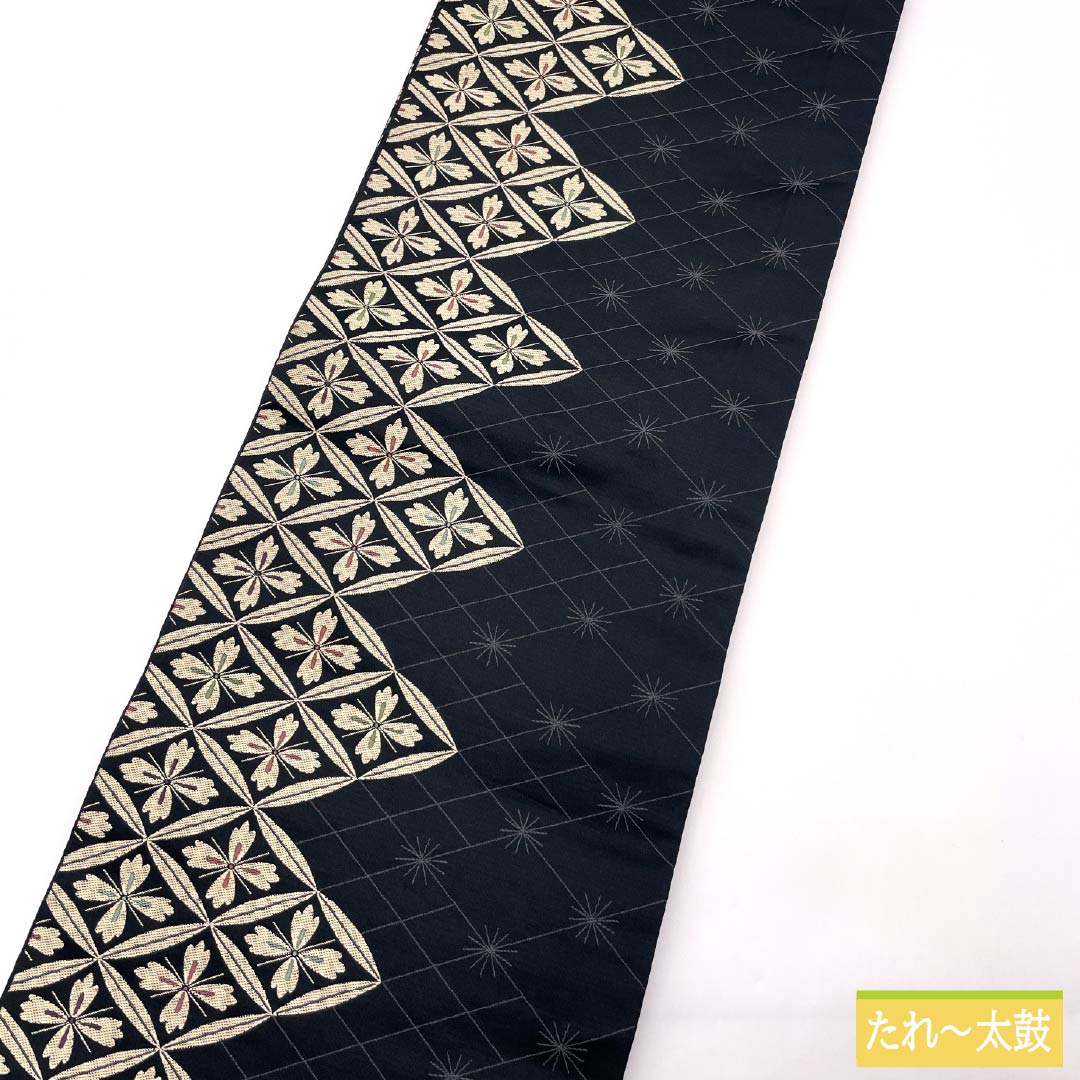 (Kyoto Fukuro Obi) Nagoya Obi, Polyester, S-Rank, Reversible, Hanabishi Pattern, Length 384cm, Full Length, Semi-Formal, Black, 1124011012410, Open-Ended