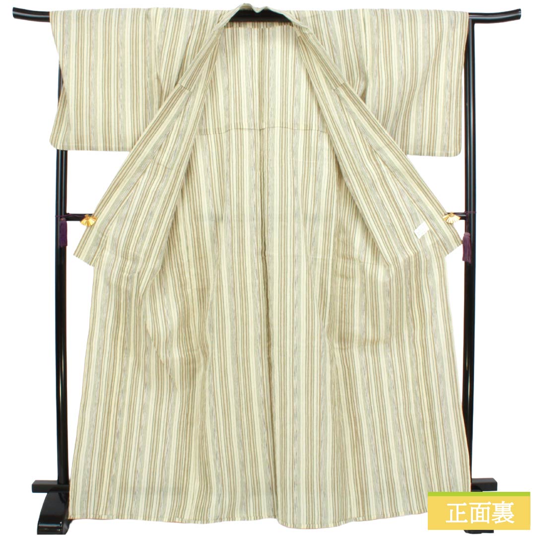 夏物 綿麻 紬 Sランク 身丈168.5cm 裄丈67.5cm 乳白色（にゅうはくしょく） 縞 縮 紗 クリーム系 1132004802515