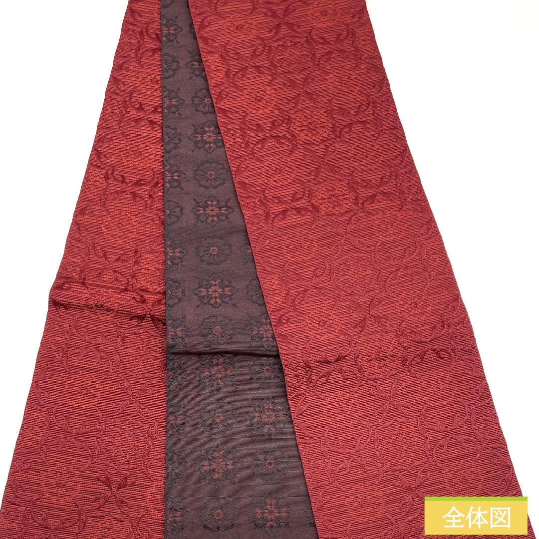 （新品）半幅帯 ポリエステル NEWランク 赤色 黒色 抽象花模様 リバーシブル 帯丈400cm 赤系 1125002431412
