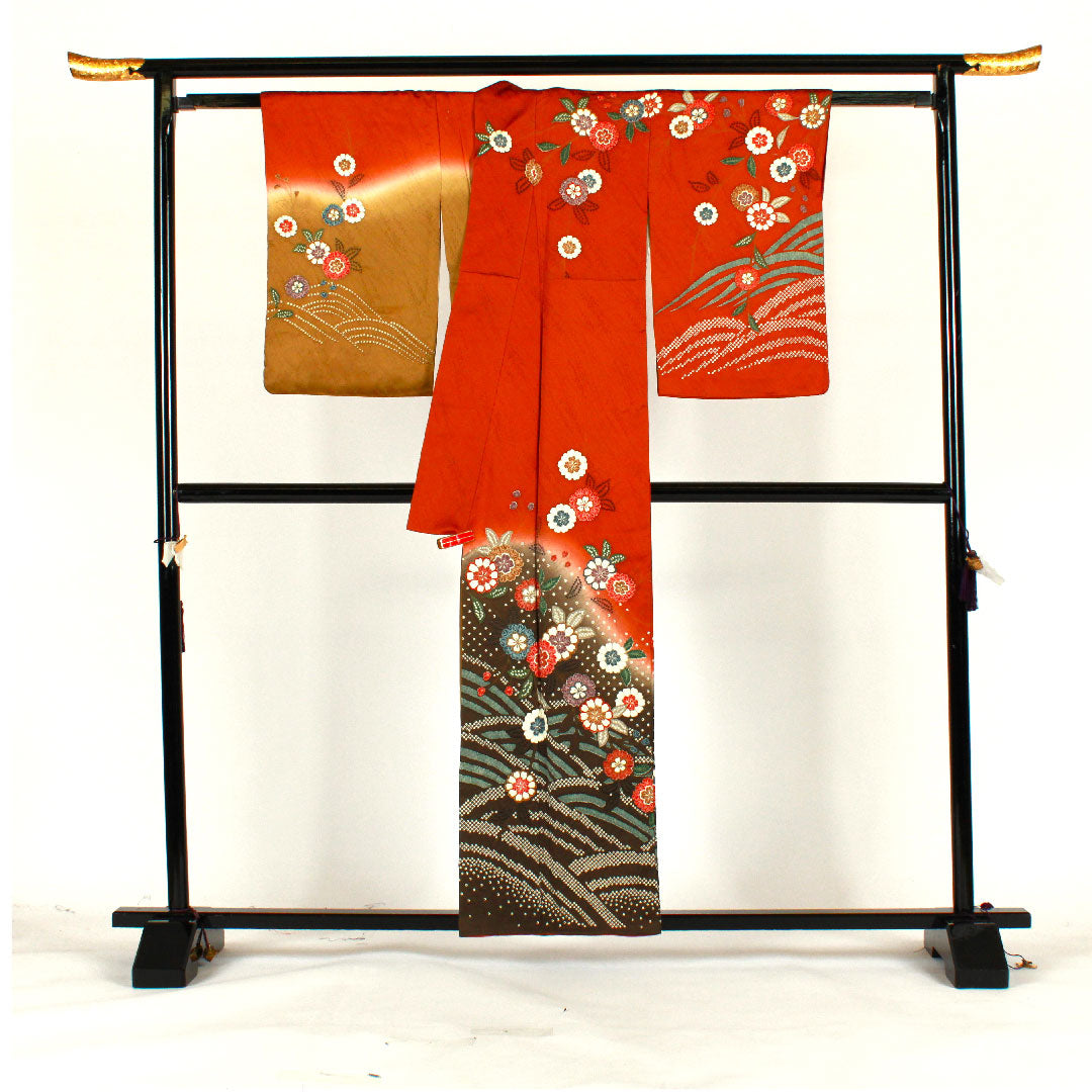 訪問着 袷 身丈158cm 裄丈64cm 絞り 草花模様 正絹 Bランク 茶系 1112001044314