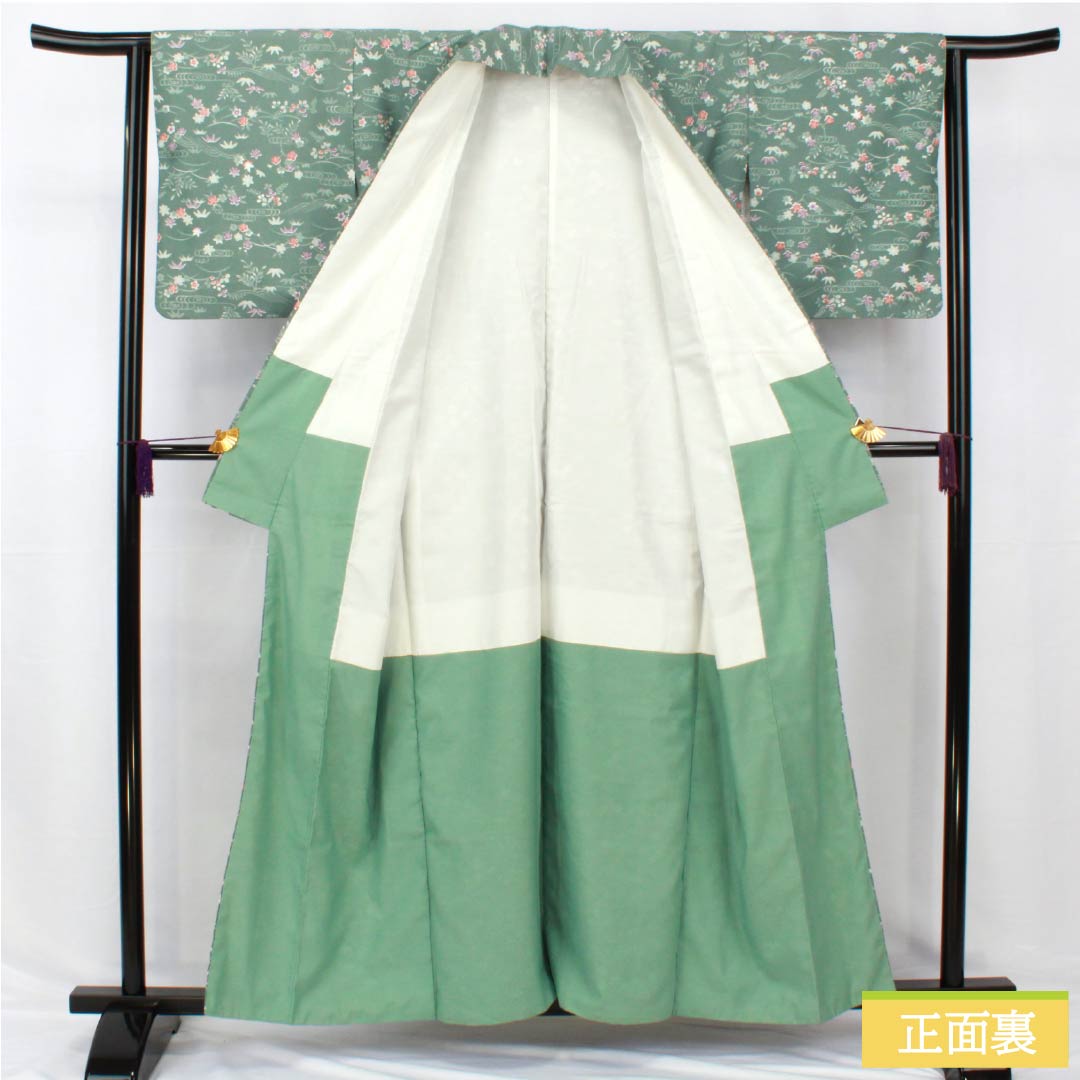 小紋 ポリエステル 身丈158.5cm 裄丈63cm 袷 山藍摺色（やまあいずりいろ） 洗える着物 草木模様 Aランク 緑系 1115005143319