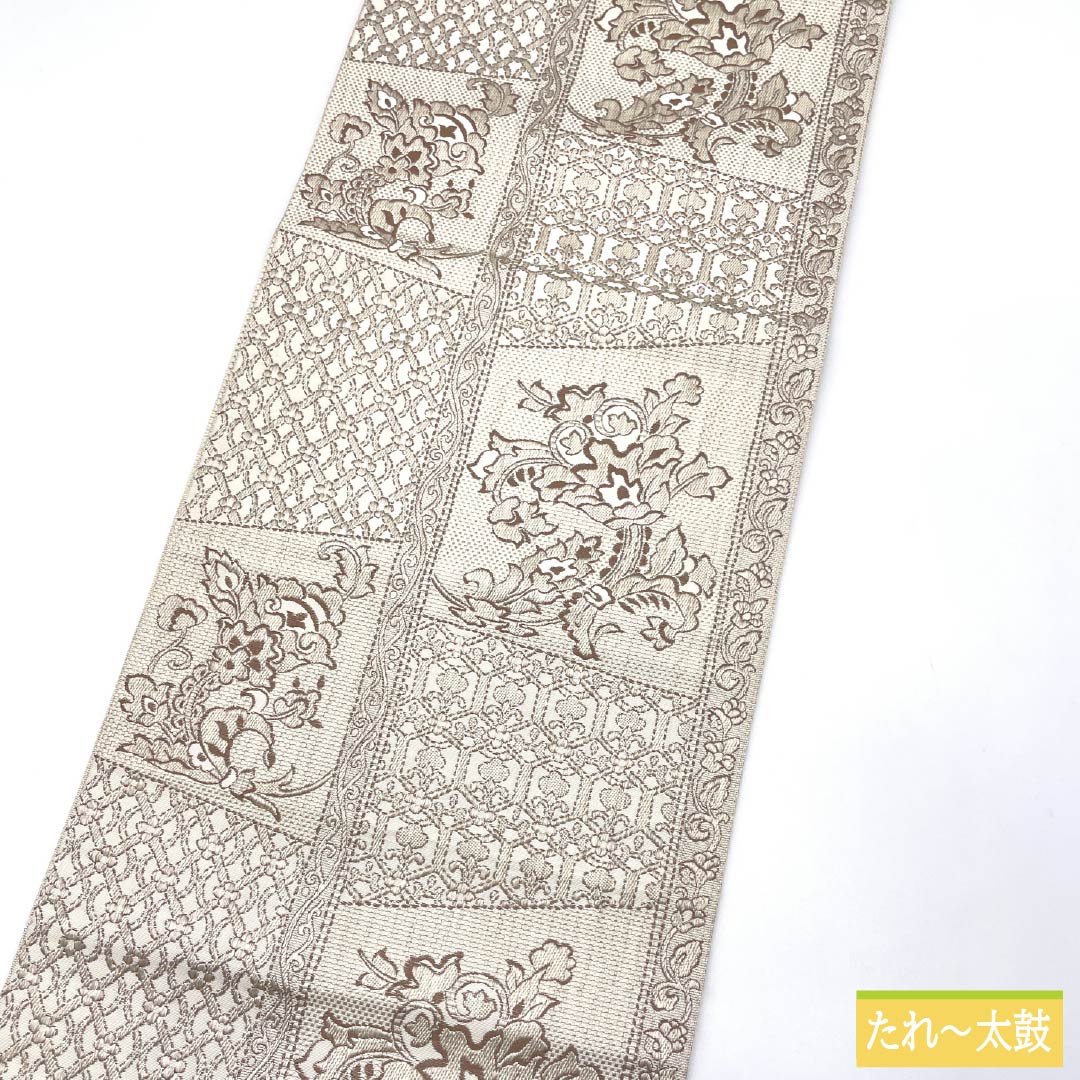 名古屋帯 正絹 Sランク 胡粉色（ごふんいろ） 博多織 抽象花 帯丈355cm 六通 カジュアル ベージュ系 1124009262325 松葉仕立て