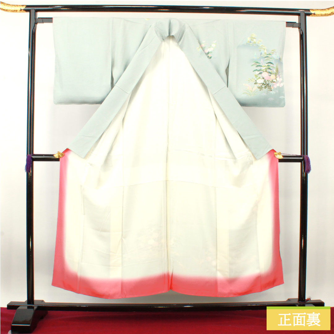 訪問着 正絹 袷 身丈151.5cm 裄丈63cm 青白磁色 京加賀友禅 峰山和生 吉祥文様 Sランク 水色系 1112003812224