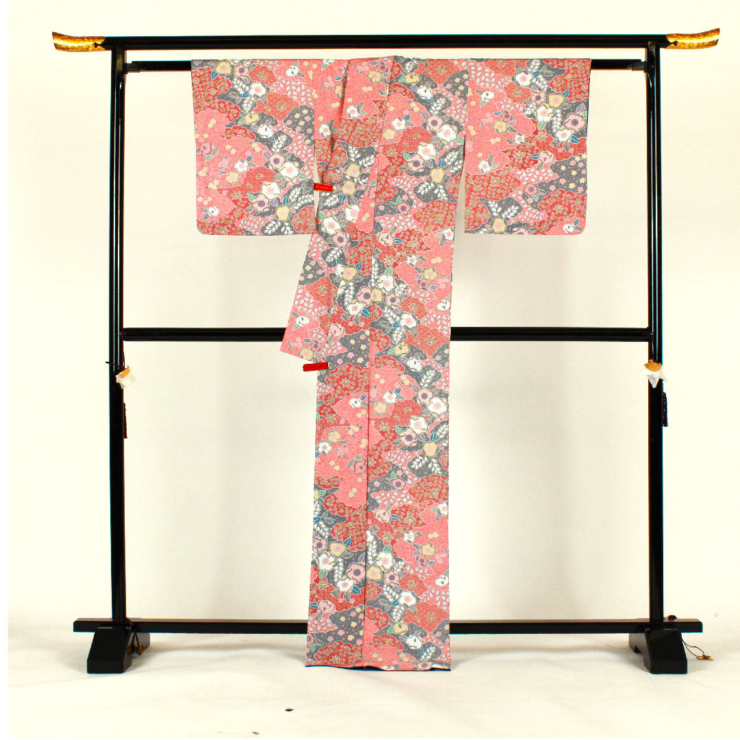 小紋 身丈170cm 裄丈66cm 袷  辻ヶ花 洗える着物  ポリ Sランク ピンク系 1115000752513