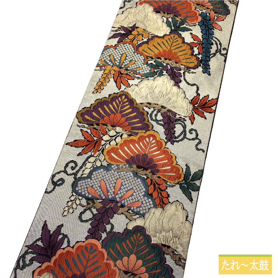 袋帯 正絹 Sランク ふくれ織 西陣織 松 藤 帯丈446cm 六通 フォーマル グレー系 1123017312322