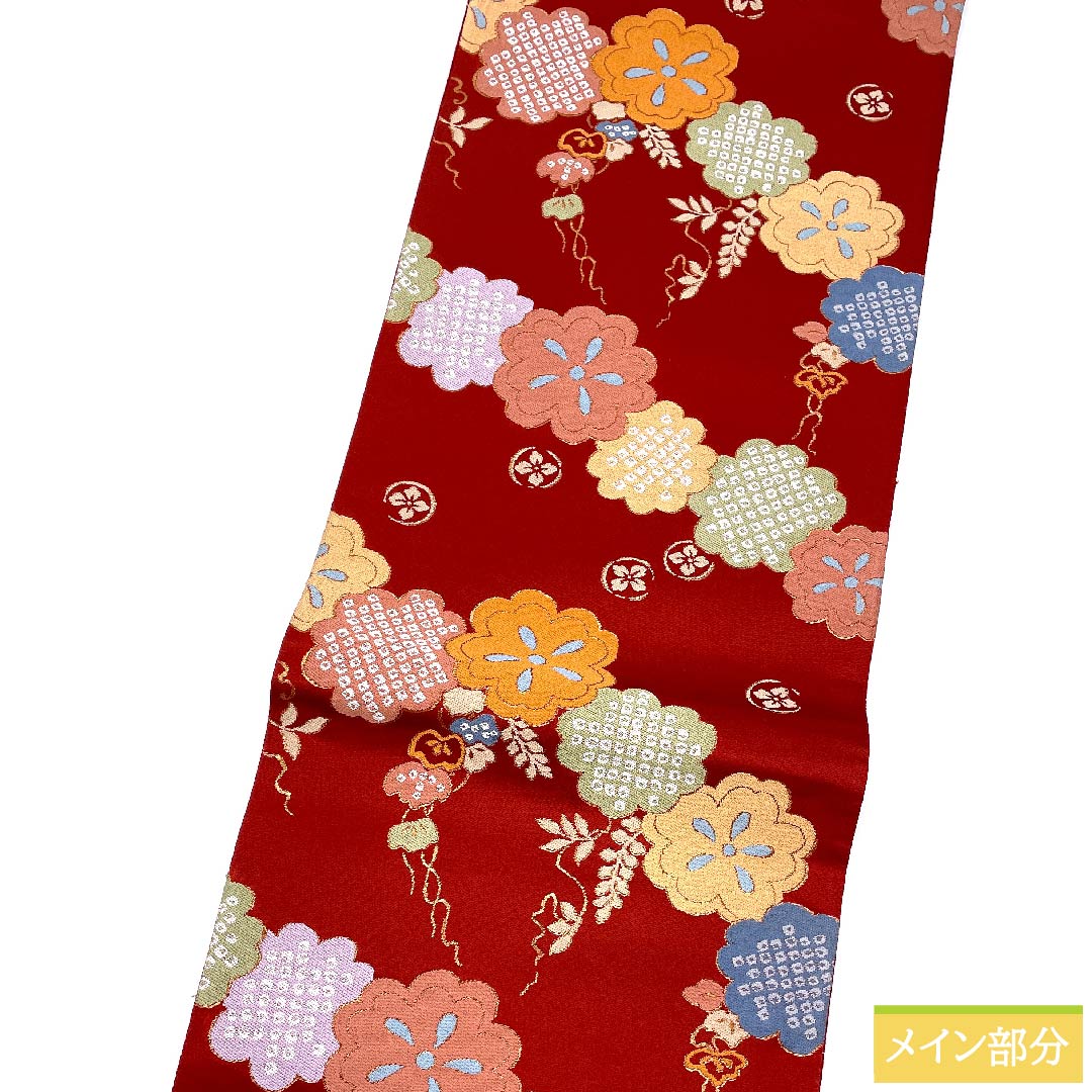 袋帯 紅絹色（もみいろ） 古典柄 花柄 帯丈434cm 正絹 Sランク 六通 カジュアル 赤系 1123009682312