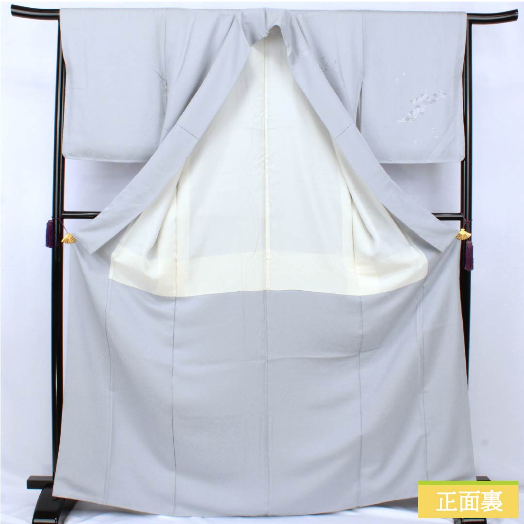訪問着 正絹 Bランク 袷 身丈168cm 裄丈62cm 白銅色（はくどういろ） 蘇州刺繡 草花 流水 しつけ糸付き グレー系 1112007524522