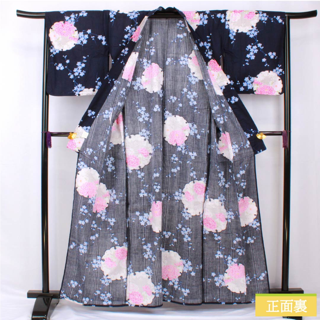 Yukata Cotton Length 161cm Sleeve length 68cm S rank Single layer Navy Deep navy blue Snowflake Flower pattern 1118005492418