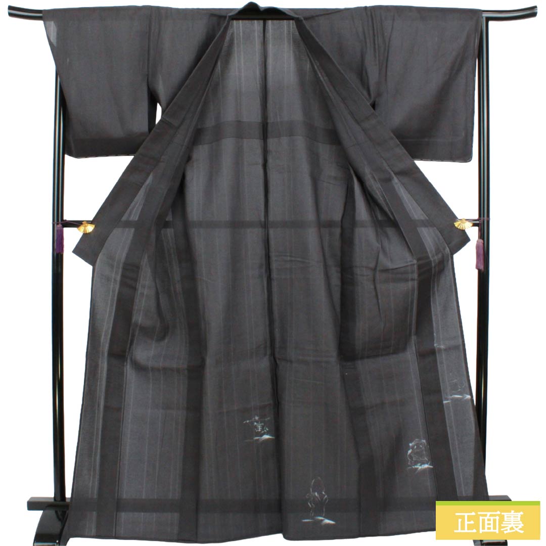 夏物 着物 中古 正絹 紗紬 カジュアル 市松取り 黒色 身丈163.5cm 裄65.5cm L きもの北條 A1170-5 夏物 着物 中古 正絹 紗紬 カジュアル 市松取り 黒色 身丈163.5cm 裄