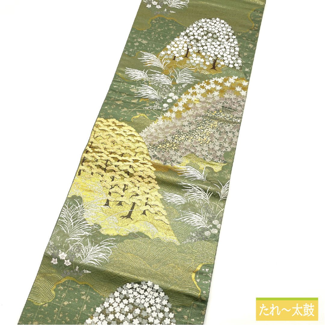 Fukuro Obi (Sash), Pure Silk, Grade A, 900 Nishijin Weave, Four Seasons of Arashiyama, Length 434cm, Six-Ply, Formal, Green, 1123016953319