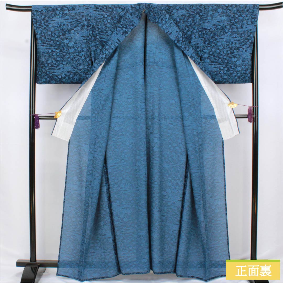 Summer pure silk komon kimono, length 162cm, sleeve length 68cm, dark navy blue (noukon-iro), classic pattern, stencil dyed, ro, S rank, navy blue, 1132002782418