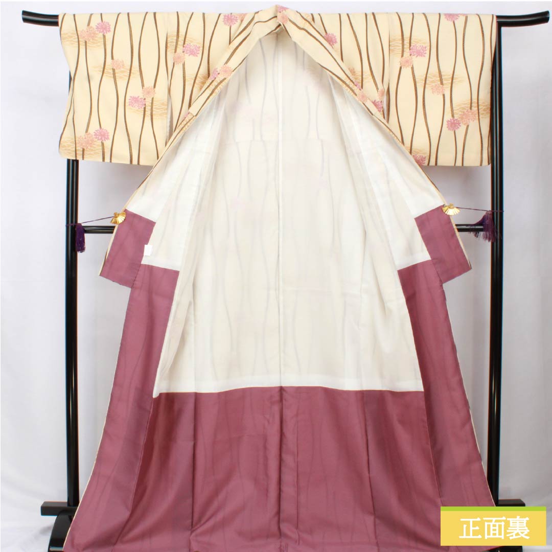 小紋 ポリエステル 身丈171.5cm 裄丈68cm 袷 薄卵色（うすたまごいろ） 立涌 菊 洗える着物 Aランク クリーム系 1115006033615