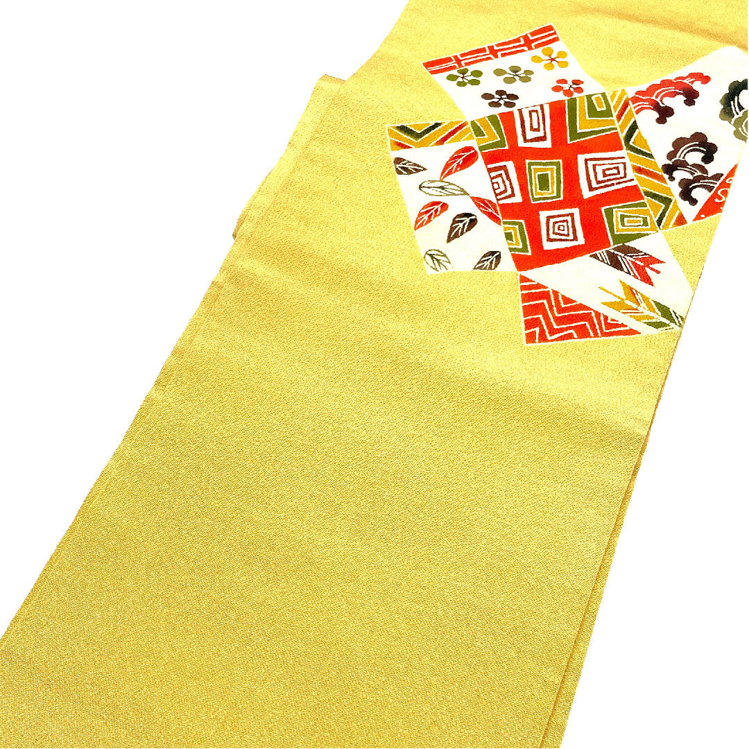 名古屋帯 京紅型 染め帯 縮緬 吉祥文様 帯丈360.5cm 正絹 Aランク ポイント柄 カジュアル 黄系 1124001983323  名古屋仕立て
