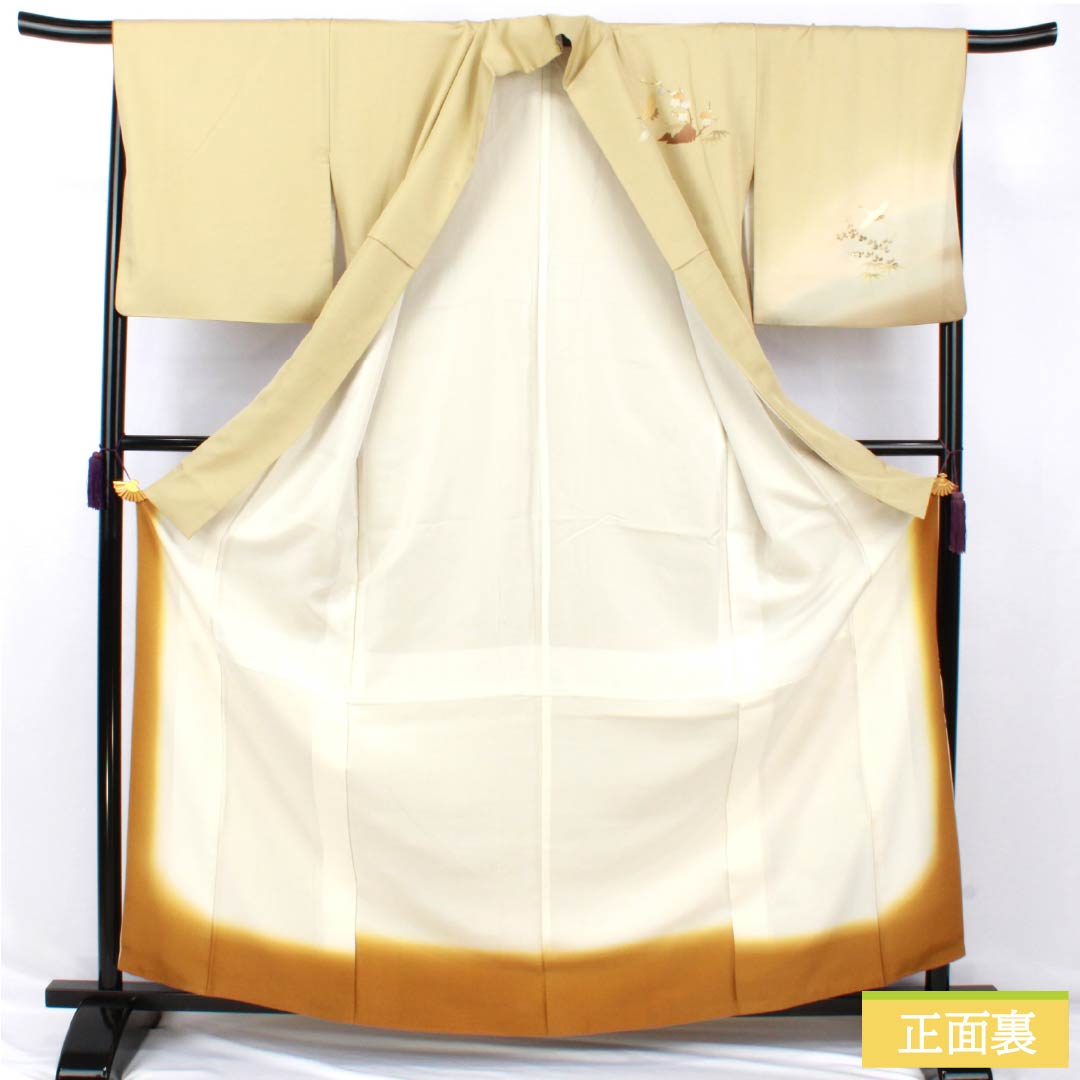 訪問着 正絹 Bランク 袷 身丈165.5cm 裄丈67cm 淡黄蘗色（うすきはだいろ） 金彩 流水 鶴 黄系 1112006904523